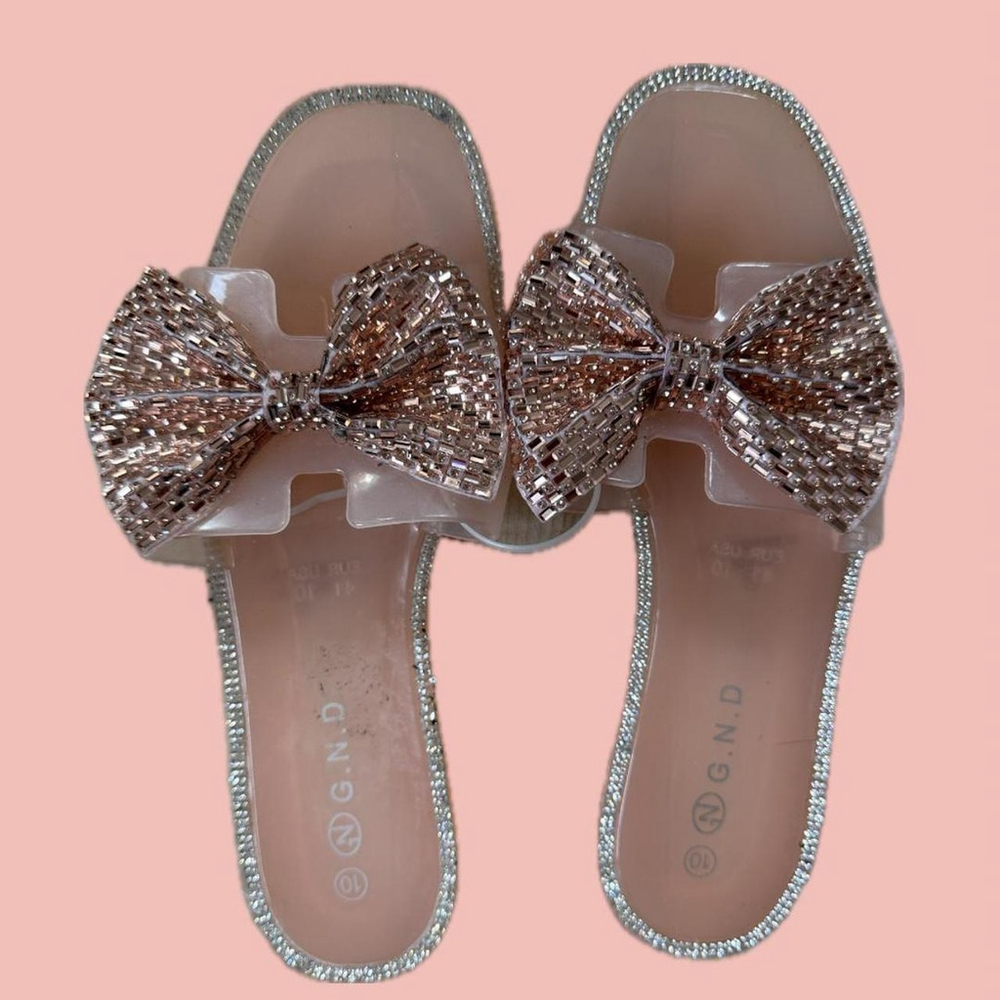 🧡 2 for 10$ Glitter Jelly Sandals – Pink Bow, Rhinestone Trim, Size 10